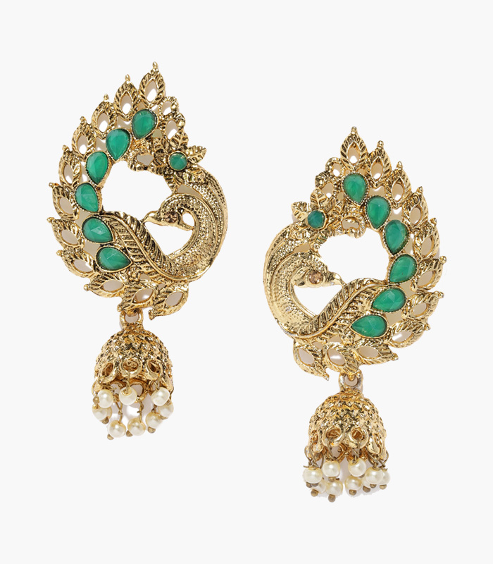 Gold-Toned-Green-Peacock-Shaped-Earrings
