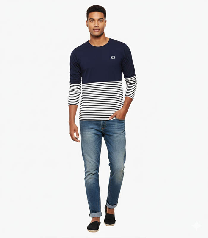 Navy & White Striped Smart Fit T-shirt 5