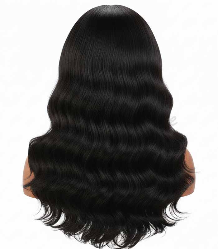 PataFasta, Luxury Deep Wave Long Black Wig with Seamless Fringe Bangs 1