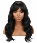 Luxury Deep Wave Long Black Wig with Seamless Fringe Bangs