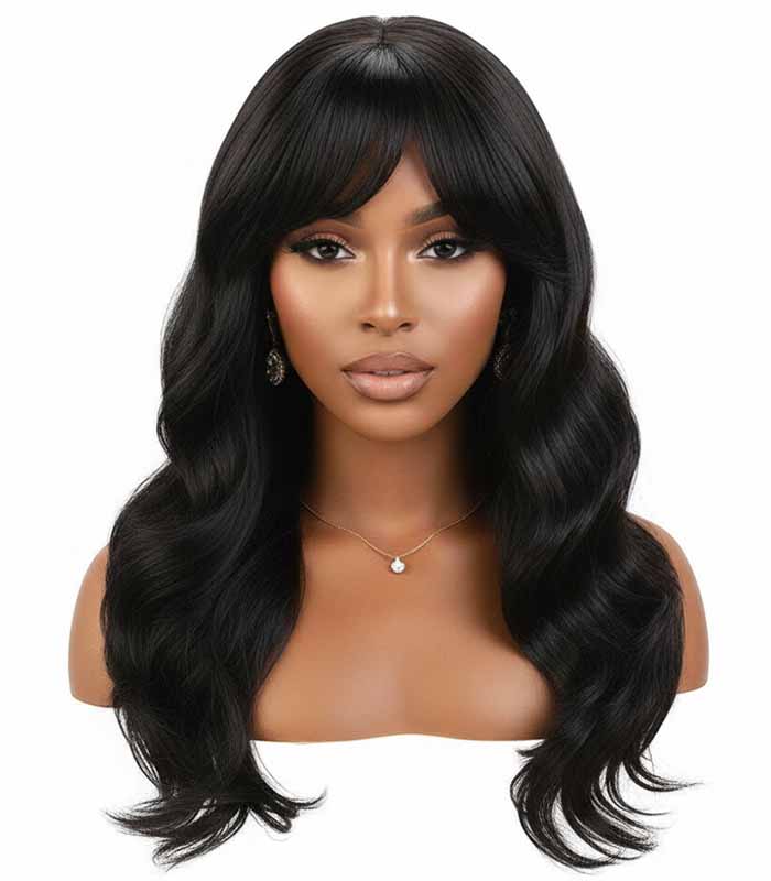 PataFasta, Luxury Deep Wave Long Black Wig with Seamless Fringe Bangs 2