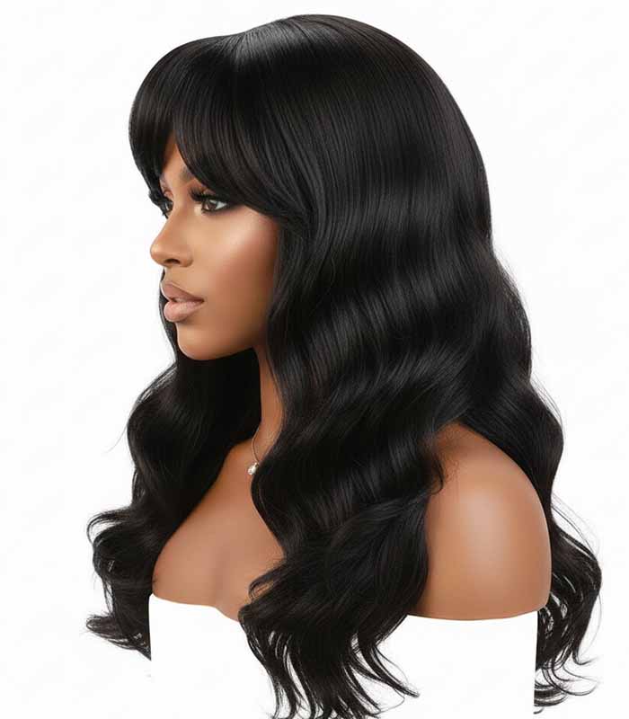 PataFasta, Luxury Deep Wave Long Black Wig with Seamless Fringe Bangs 3
