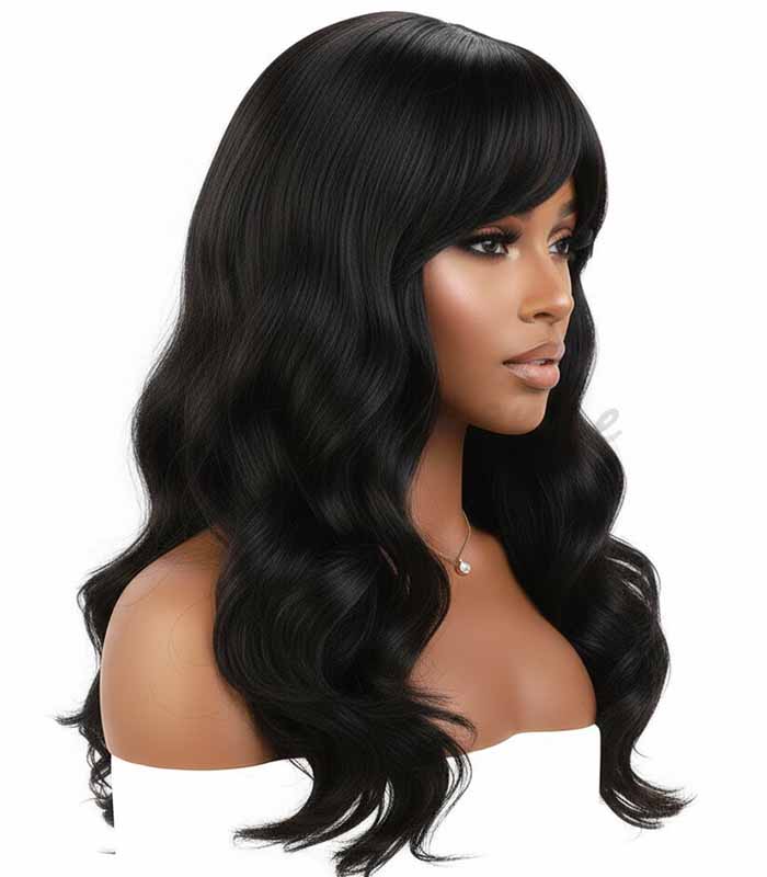 PataFasta, Luxury Deep Wave Long Black Wig with Seamless Fringe Bangs 4