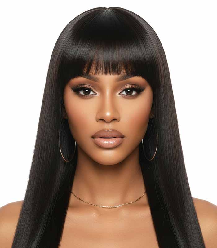 PataFasta, Sleek Silky Straight Black Wig with Full Fringe Bangs 2