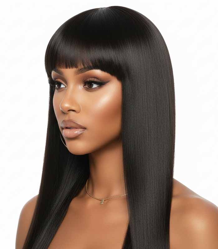 PataFasta, Sleek Silky Straight Black Wig with Full Fringe Bangs 3