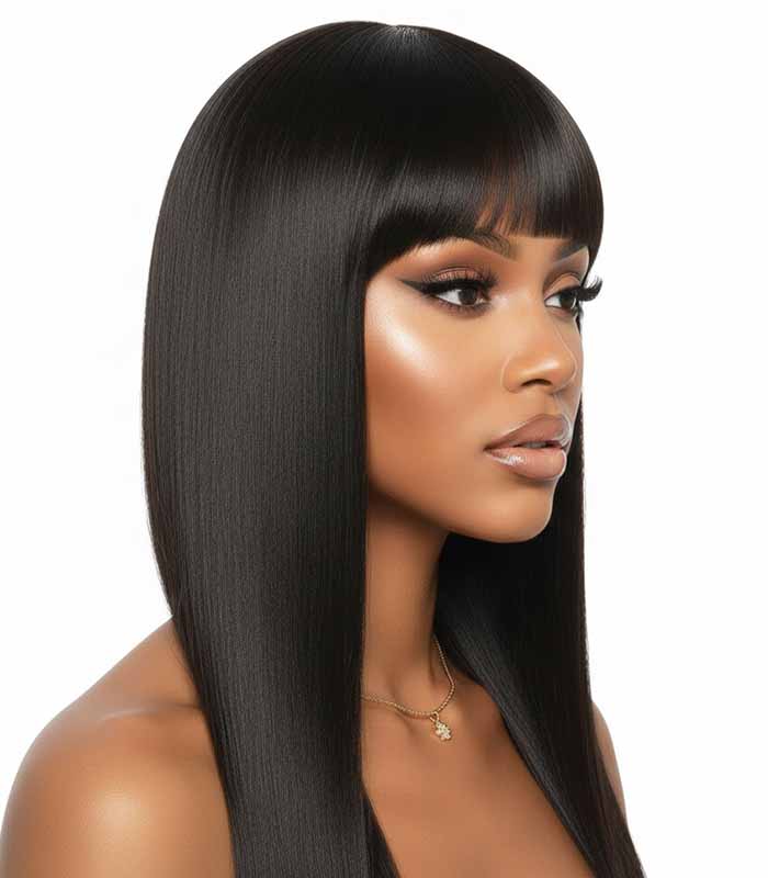 PataFasta, Sleek Silky Straight Black Wig with Full Fringe Bangs 4