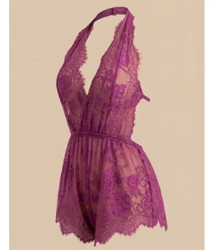 Amara Scalloped Floral Lace Halter Romper - Magenta