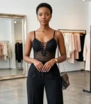 Midnight Lace-Up Chevron Lace Bodysuit – Noir