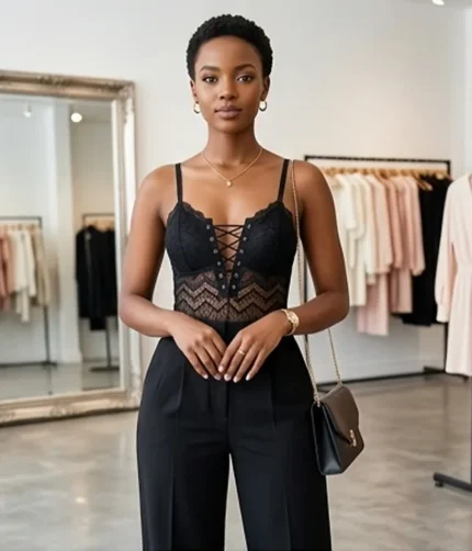 Midnight Lace-Up Chevron Lace Bodysuit – Noir